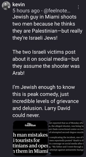 Jewish guy in Miami shoots two men because he thinks they are Palestinian—but really they’re Israeli Jews!

The two Israeli victims post about it on social media—but they assume the shooter was Arab!

I’m Jewish enough to know this is peak comedy, just incredible levels of grievance and delusion. Larry David could never.